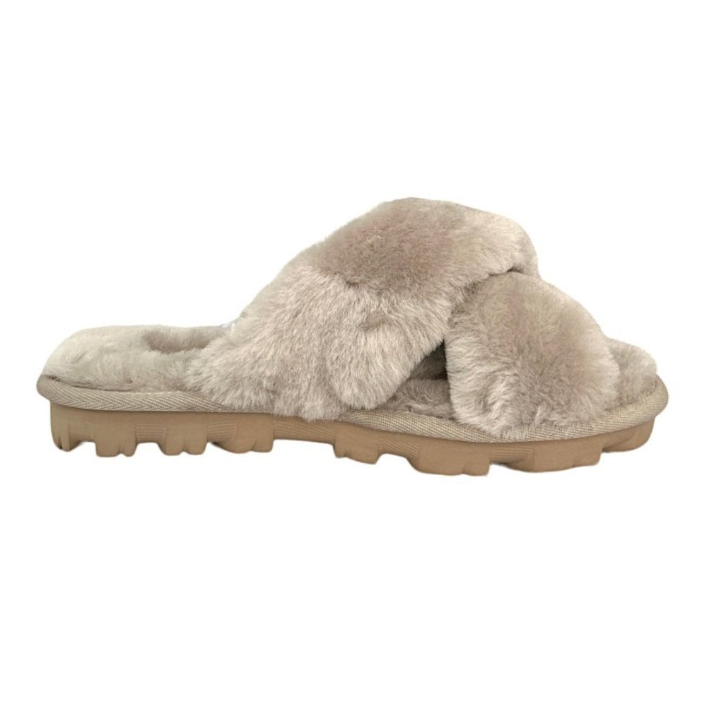 UGG FUZZETTE Fuzzy Slippers Goal Sheepskin Gray Women's Shoes - Picture 4 of 9